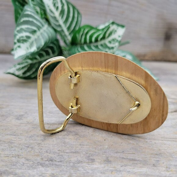 Carved Wood Brass Belt Buckle Inset Sliced Agate Geode Enamel Unisex - Picture 12 of 13